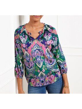 Talbots Satin Medallion Print Top XL Pink & Green 3/4 Sleeve Lightweight Blouse
